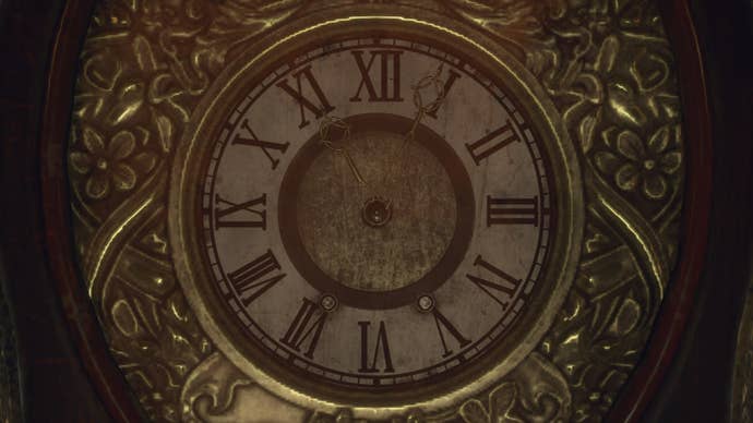 The face of a Grandfather Clock reading 11:04 is shown in Resident Evil 4 Remake