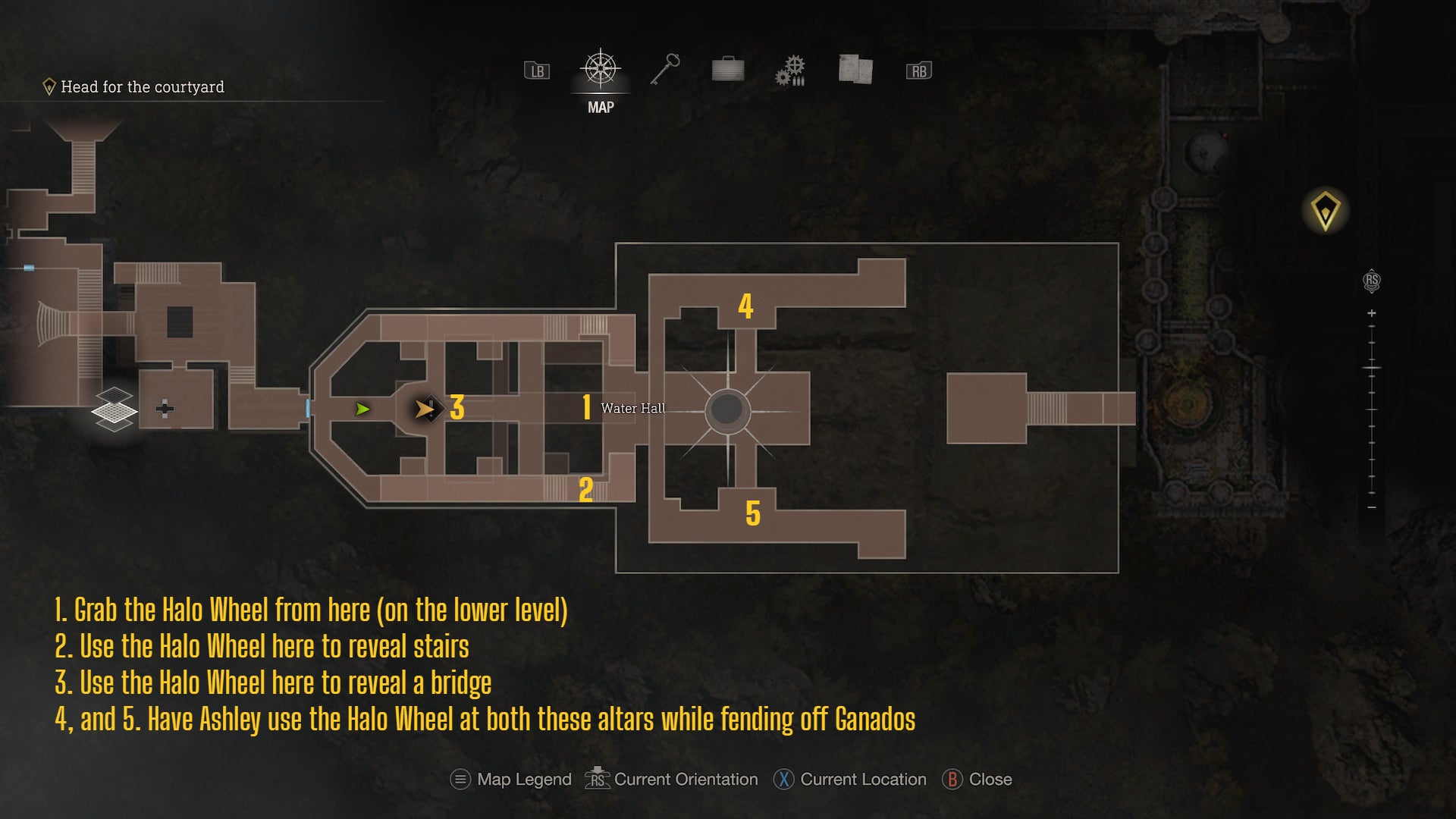 A map of the Watery Hall in Resident Evil 4 Remake, labelled to explain how to solve the Halo Wheel puzzle