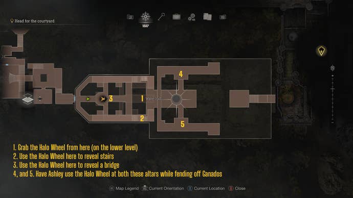 A map of the Watery Hall in Resident Evil 4 Remake, labelled to explain how to solve the Halo Wheel puzzle