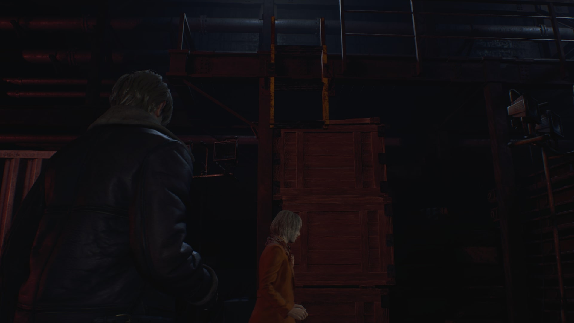 Leon faces a ladder with Ashley in front of it in Resident Evil 4 Remake - 3