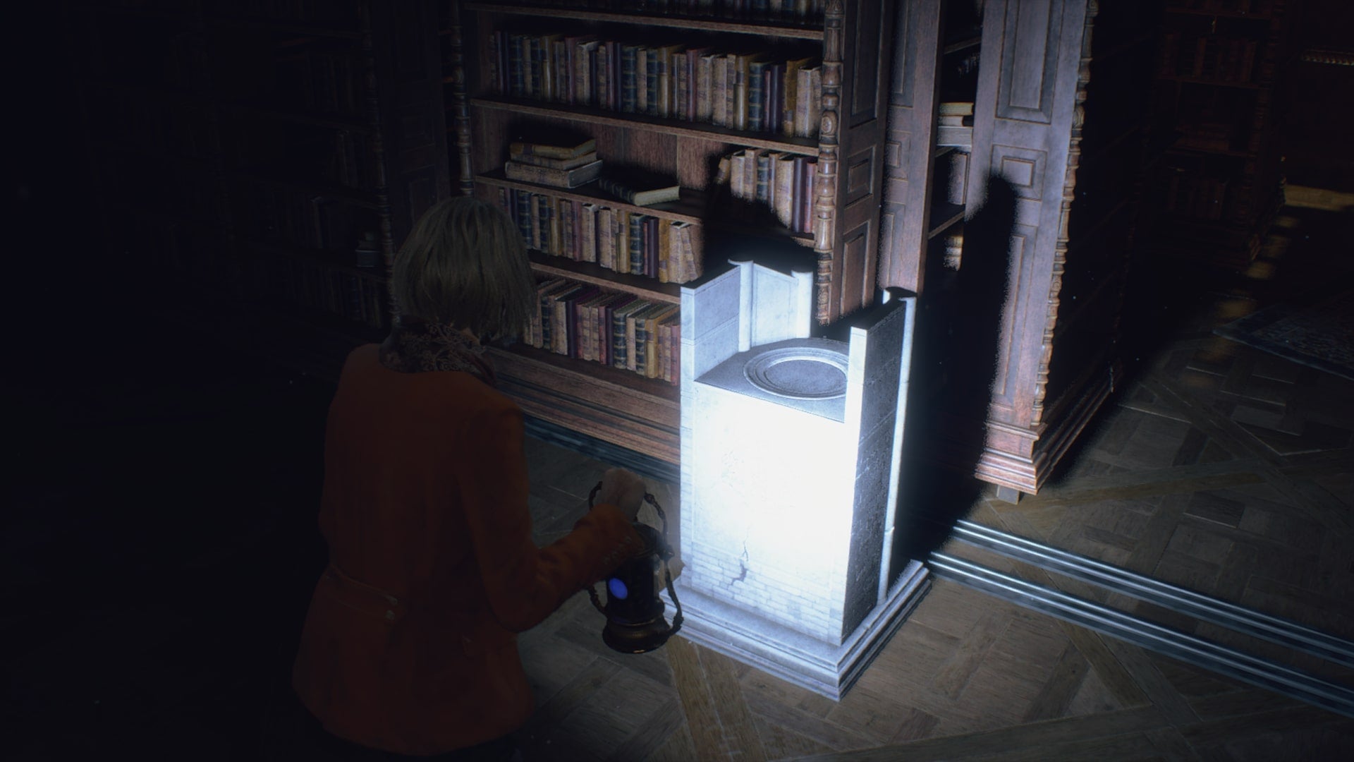 Ashley faces a pedestal for her lantern in the library of Resident Evil 4 Remake - 9