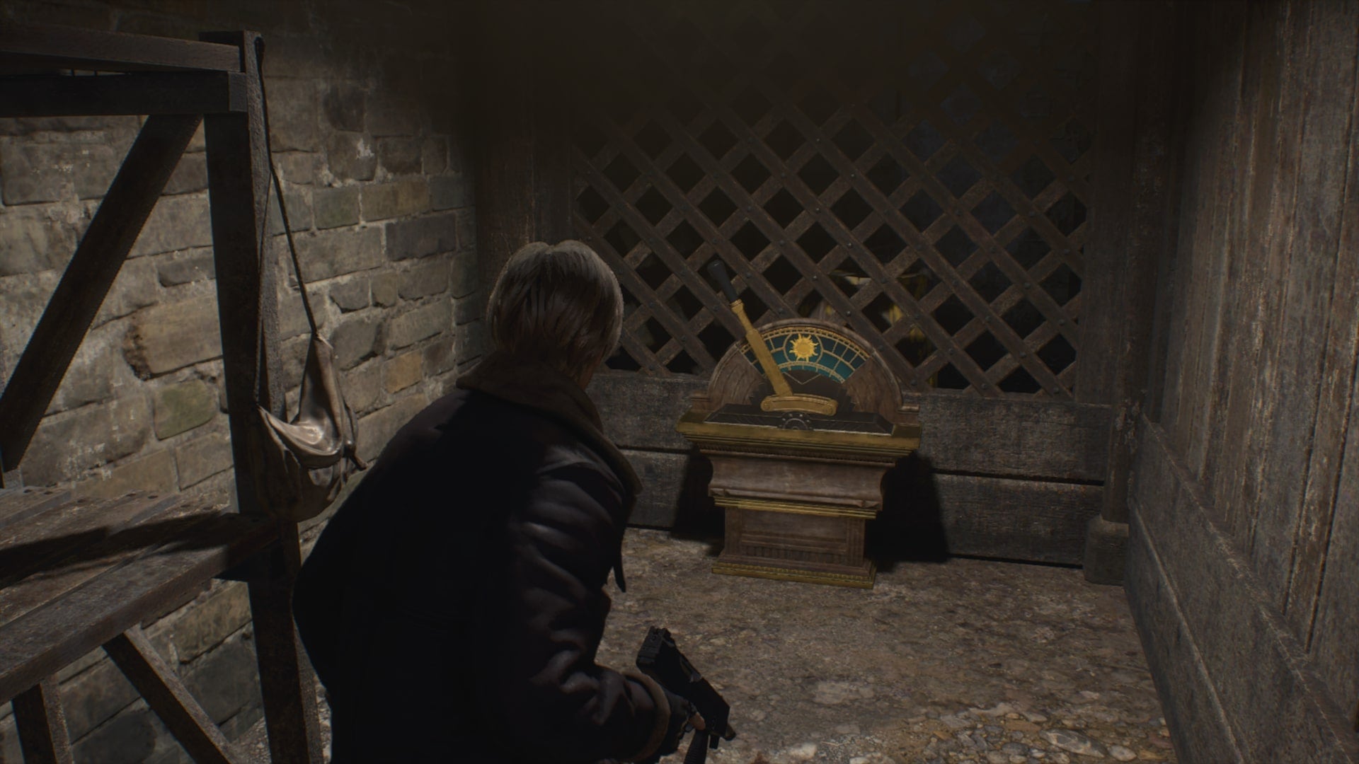 Leon looks at a lever in Resident Evil 4 Remake