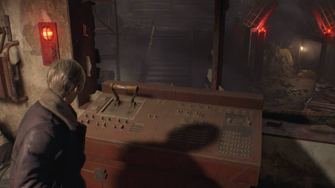 Leon looks down at a control panel that powers a nearby bridge in Resident Evil 4 Remake