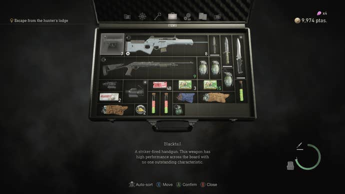 Leon's inventory in a New Game Plus run of Resident Evil 4 Remake