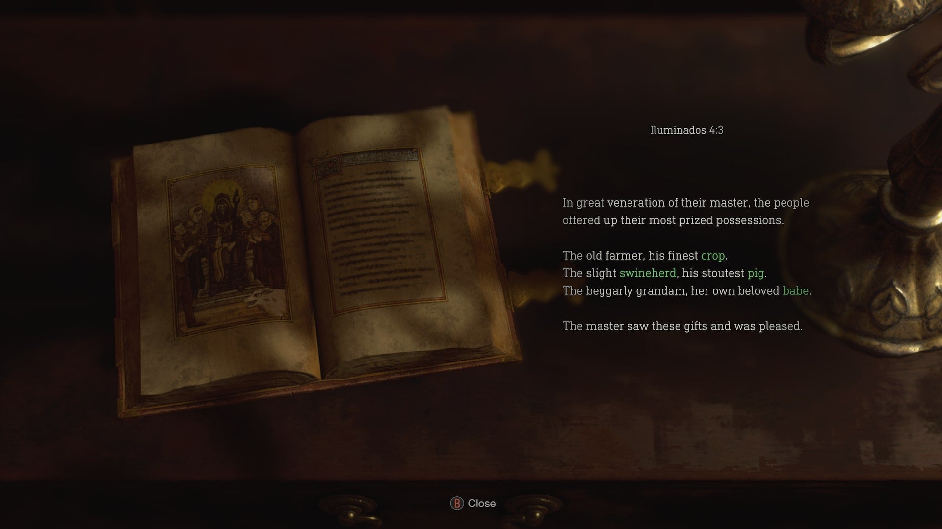 A text entry in the Resident Evil 4 Remake, titled Ruminados 4:3 - 7