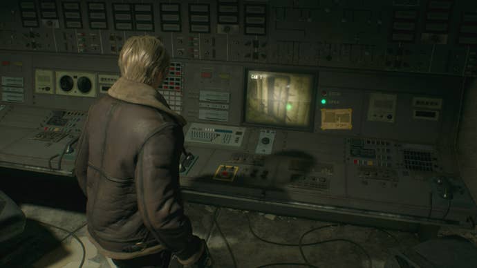 Leon looks at the control panel which unlocks the Surveillance door in Resident Evil 4 Remake