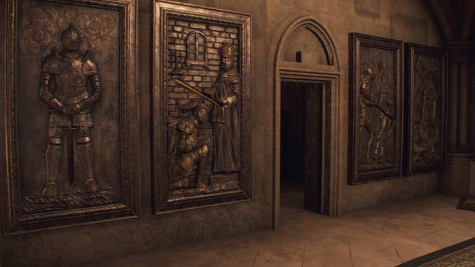 Four brass pieces of art are shown depicting knights in various situations in Resident Evil 4 Remake