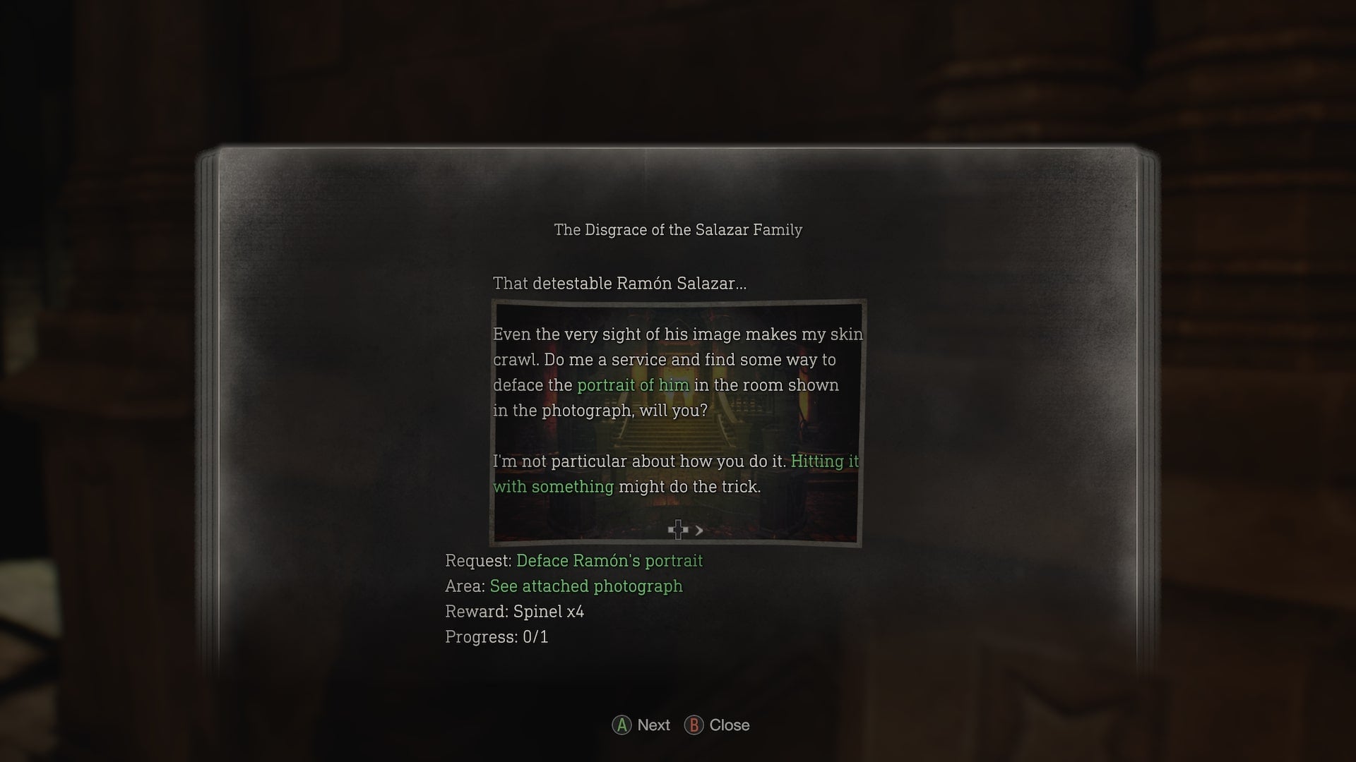 A description of &lsquo;The Disgrace of Salazar Family&rsquo; request which asks Leon to deface a portrait of Ramon Salazar in Resident Evil 4 Remake