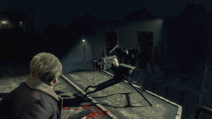Leon faces a turret in Resident Evil 4 Remake