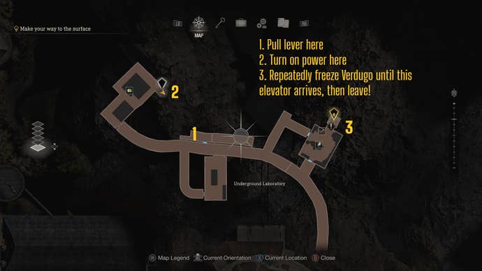 A map of the underground lab in Resident Evil 4 Remake is shown, labelled with exactly where Leon needs to go