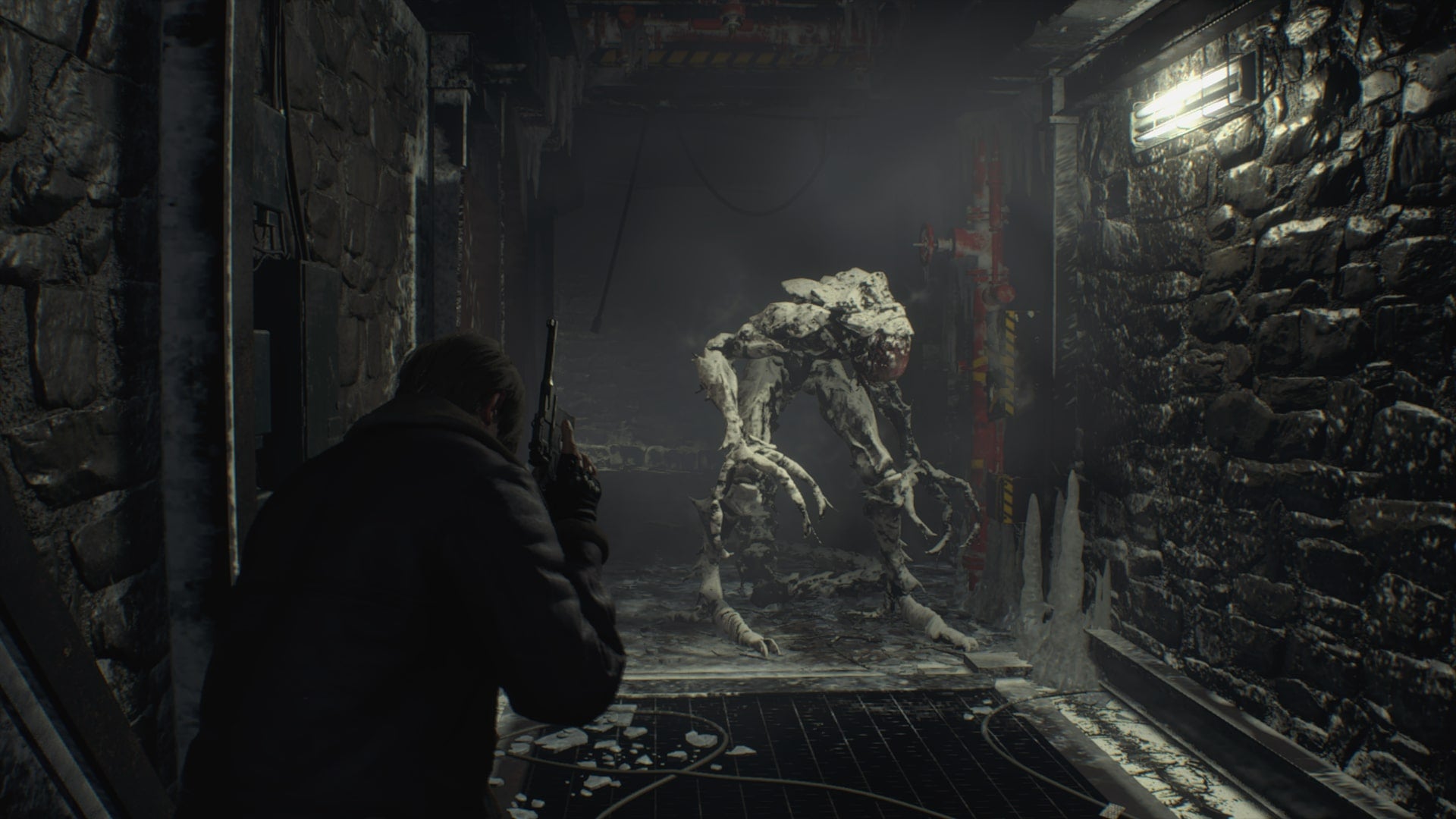 Leon looks at Salazar's abominable aide, who is temporarily frozen, in Resident Evil 4 Remake - 7