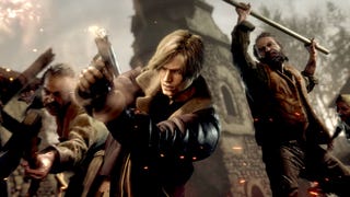 resident evil 4 remake key art - Leon wields a gun as enemies attack.