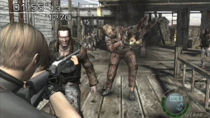 Leon Kennedy shoots Dr. Salvador and other enemies using a shotgun in Resident Evil 4