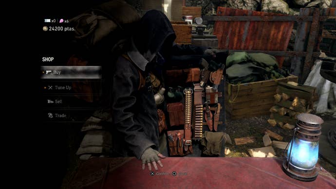 Resident Evil 4 remake review - the Merchant screen, with Merchant behind a table