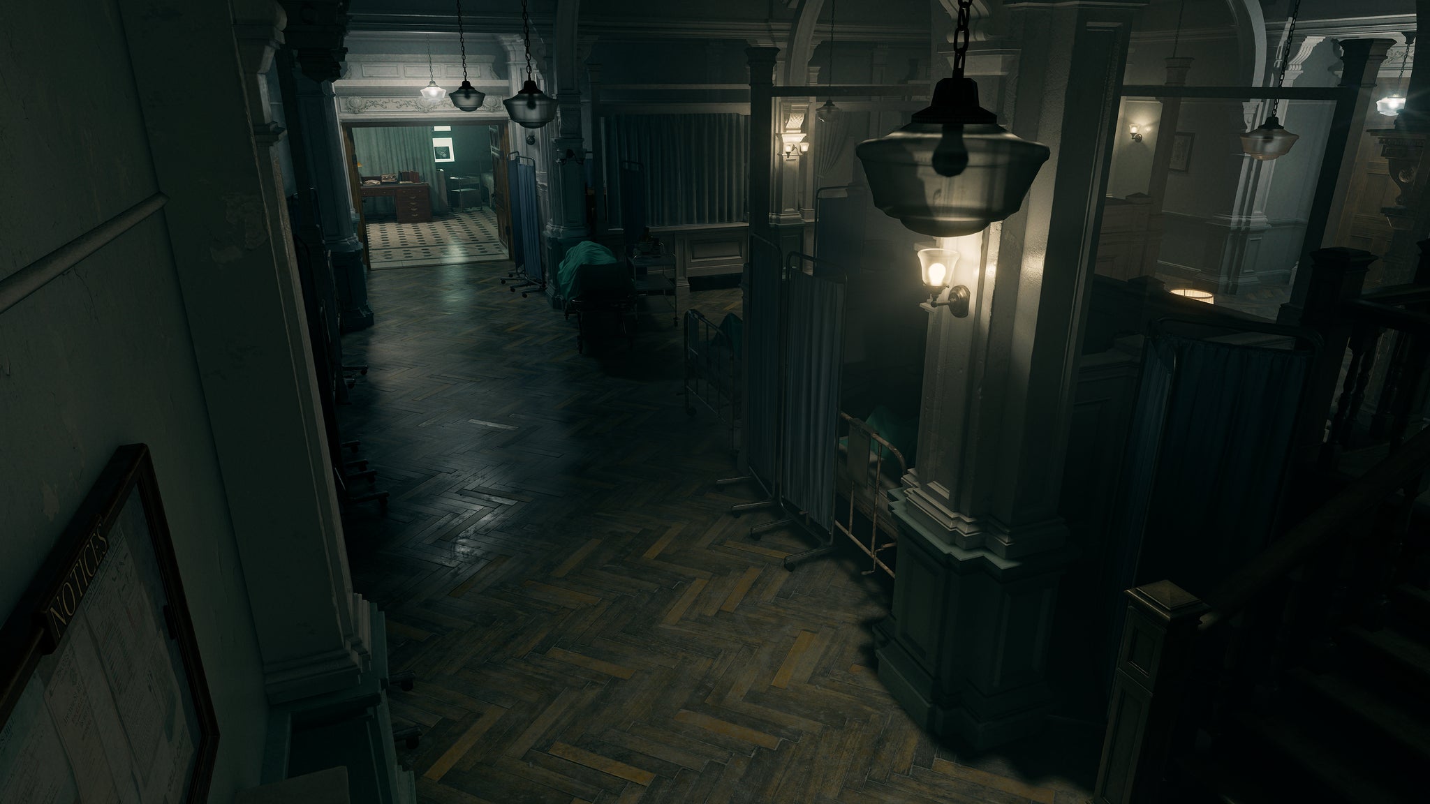 An elevated view of a shadowy hotel corridor with several doors visible, from Resident Evil Requiem. - 5