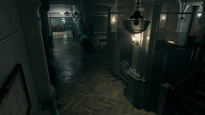 An elevated presumption of a shadowy edifice corridor with respective doors visible, from Resident Evil Requiem.