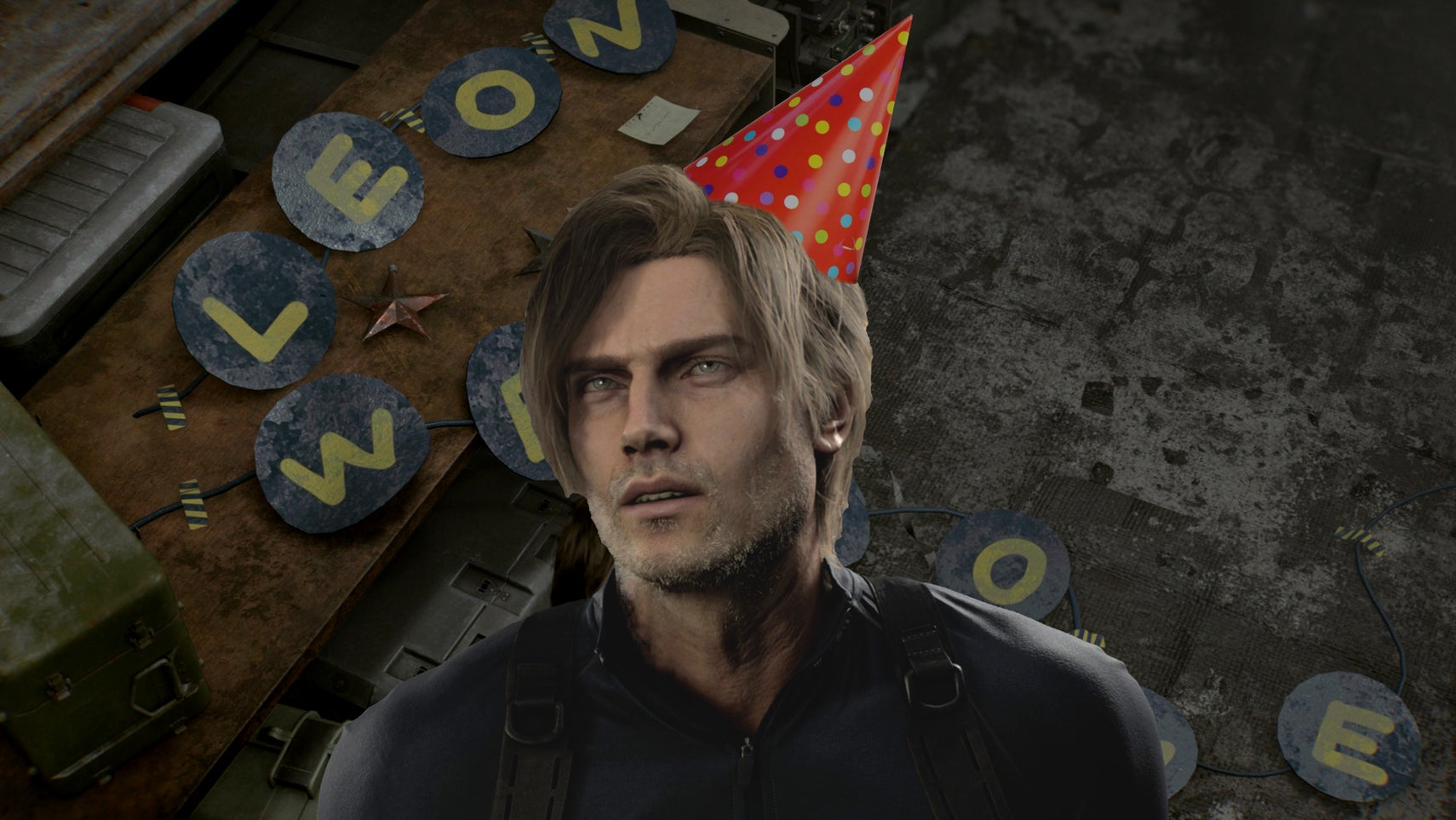Resident Evil Requiem's Leon S. Kennedy wearing a party hat, superimposed over a tattered 'Welcome Leon' banner.