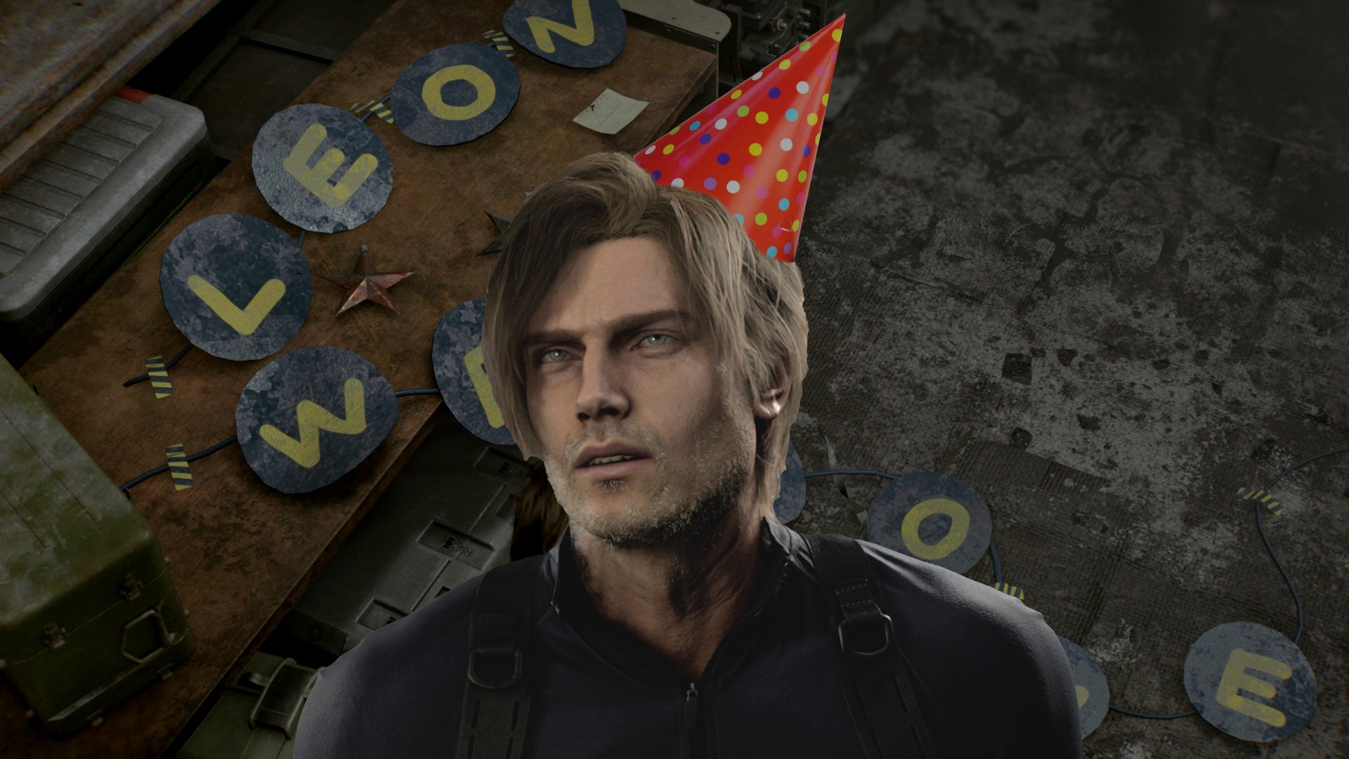 Resident Evil Requiem's Leon S. Kennedy wearing a party hat, superimposed over a tattered 'Welcome Leon' banner.