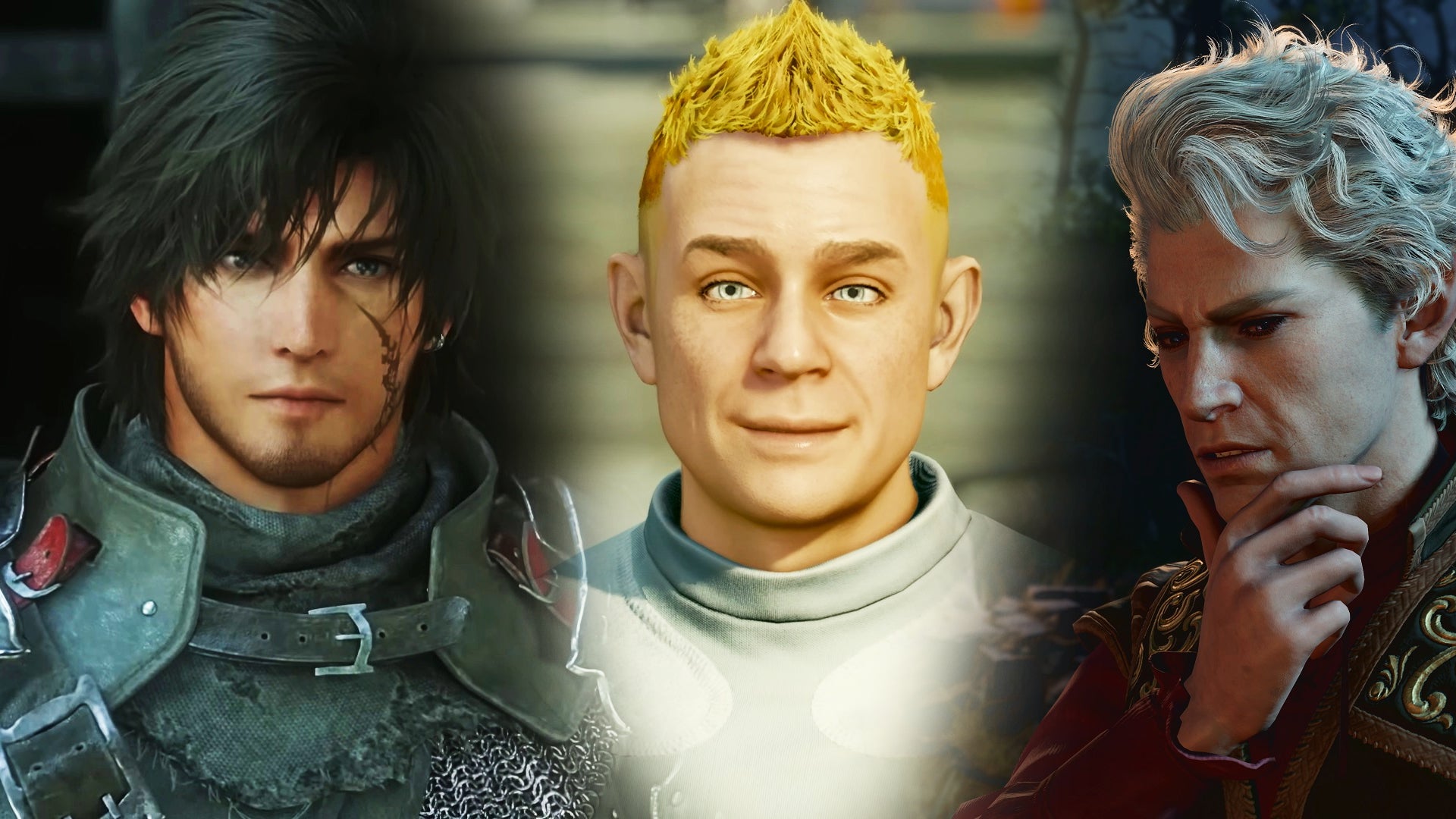 A blended image of Clive Rosfield from FF16, the adoring fan from Starfield and a pensive character from Baldur's Gate 3. - 1