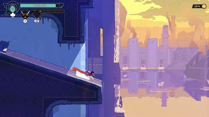 The Prince slides down a ramp in front of a smoking city in this screen from The Rogue Prince of Persia