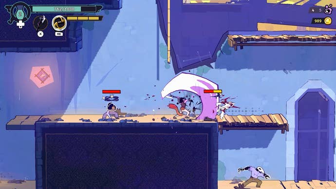 The Prince slams an enemy with an attack in a dungeon in this screen from The Rogue Prince of Persia