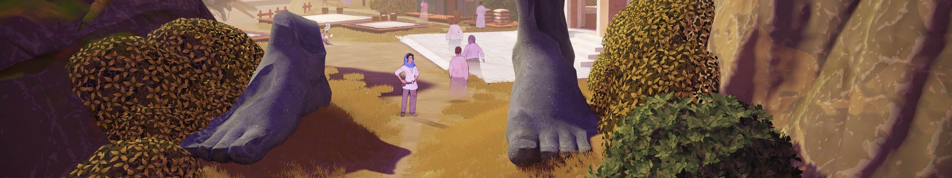 A character stands between two giant statue feet in Heaven's Vault