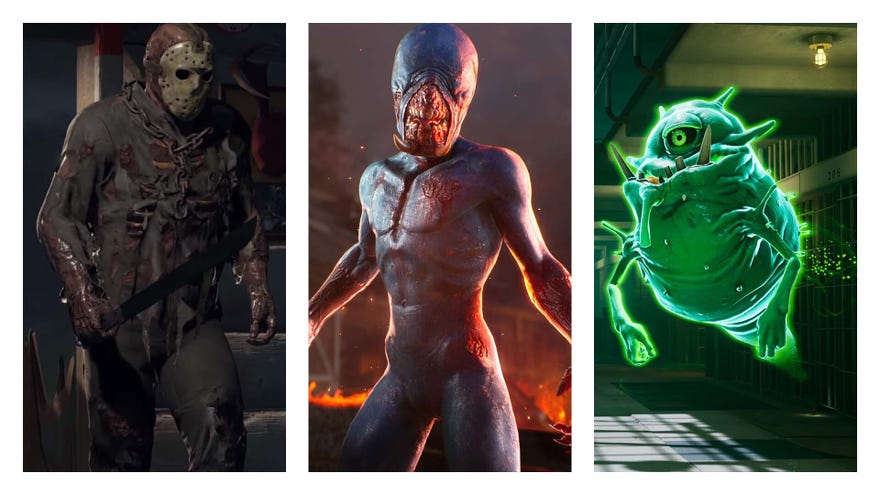 Image split into three sections, showing Jason Voorhees on the left, an Evil Dead Puppeteer in the middle, and a spiky Slimer from Ghostbusters on the right.