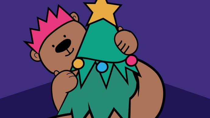 Horace the Endless Bear wraps himself around the top of a Christmas tree.