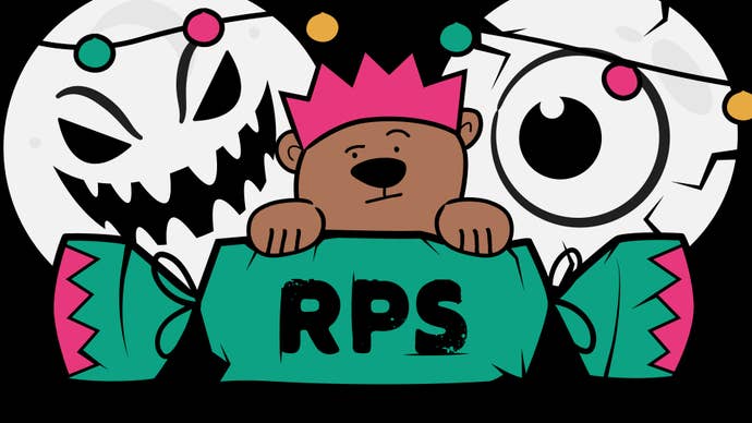 Horace looks perplexed next to a large Christmas cracker, as two fell moons leer menacingly in the beyond.