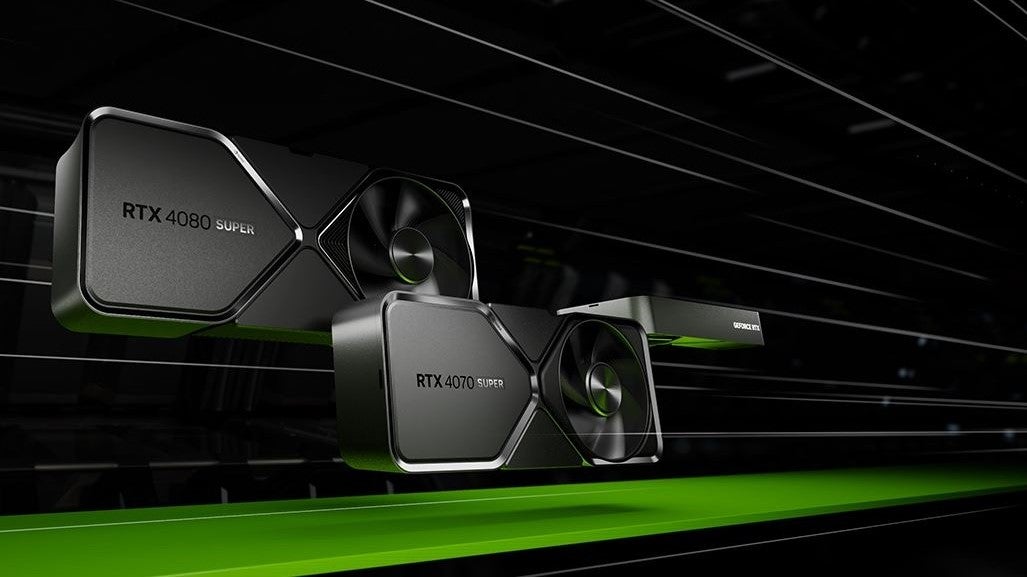 Promotional renders of the Nvidia GeForce RTX 4070 Super, RTX 4070 Ti Super, and RTX 4080 Super. - 4