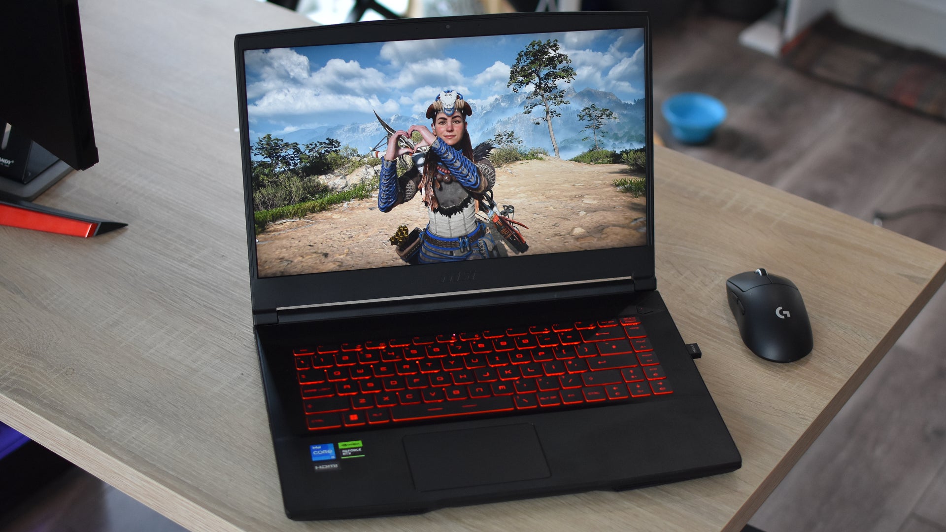 An RTX 4050-equipped MSI Thin GF63 gaming laptop, running Horizon Forbidden West. - 1