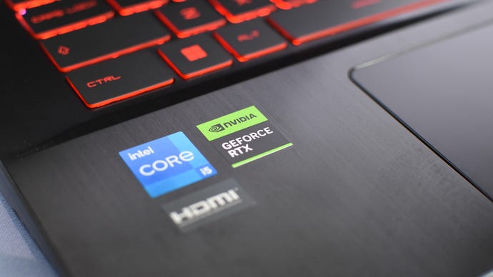 A close-up of the Nvidia GeForce RTX sticker on an RTX 4050-equipped gaming laptop.