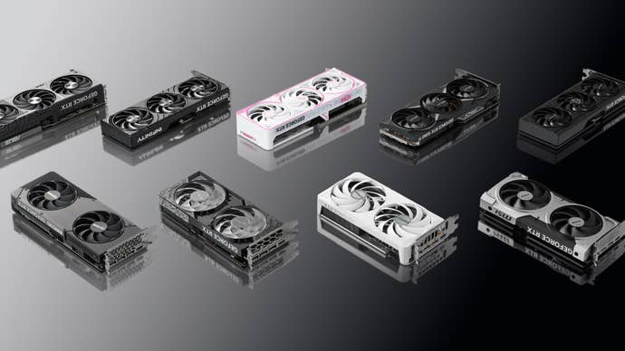 Various RTX 5060 Ti spouse cards connected a grey background.