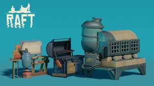 A bunch of Raft structures are shown. From left to right, there is a Juicer, and Electric Grill, and an Electric Smelter.