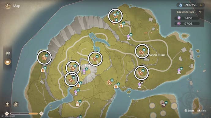 Circled map locations of Raging Sack enemies in Infinity Nikki.