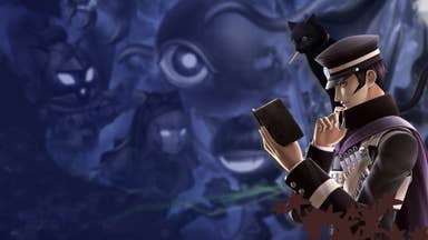 Raidou Kuzunoha reads a book as a cat sits on his shoulder. A menagerie of demons jostle in a blurred, blue-toned background.