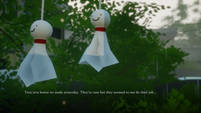 White Teru Teru Bozus hang in the air in Rainy Season