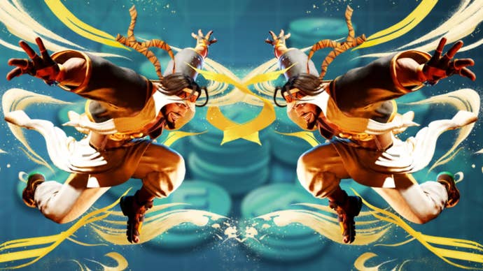 Street Fighter 6’s Rashid in a mirror image over a background of blurred Fighter Coin currency.