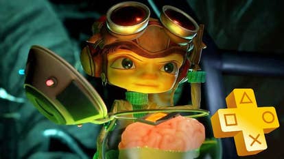 Raz in Psychonauts 2 with a PS Plus logo in the lower right corner