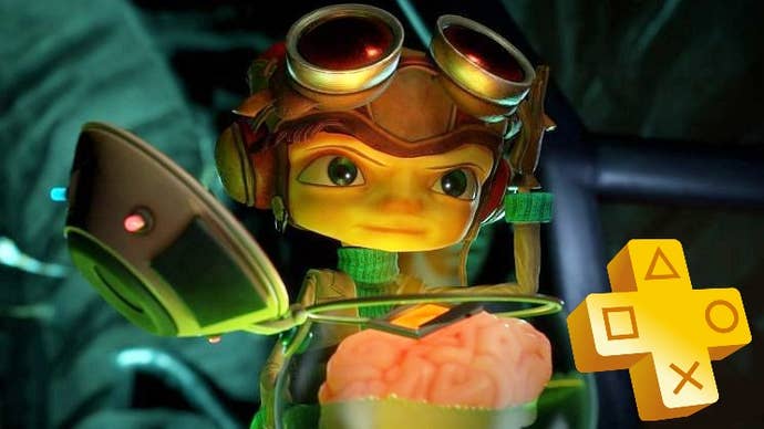 Raz in Psychonauts 2 with a PS Plus logo in the lower right corner