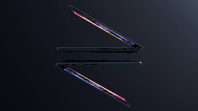 Two Razer Blade 16 2025 gaming laptops, successful profile, against a acheronian background.