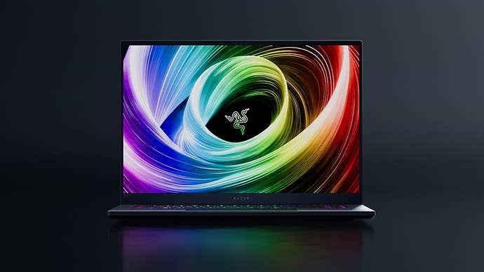 The Razer Blade 16 2025 gaming laptop against a dark background.