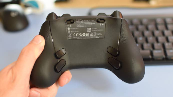 A rear view of the Razer Wolverine V3 Pro controller, showing its paddle buttons.
