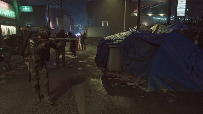 A group of SWAT members stand outside an inner-city pharmacy, guns ready, scouting for enemies in and around a selection of tarpaulin-covered waste bins.