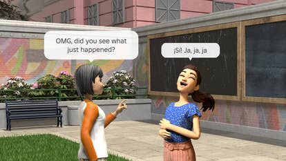 Roblox screenshot showing two cartoon characters with text boxes in different languages
