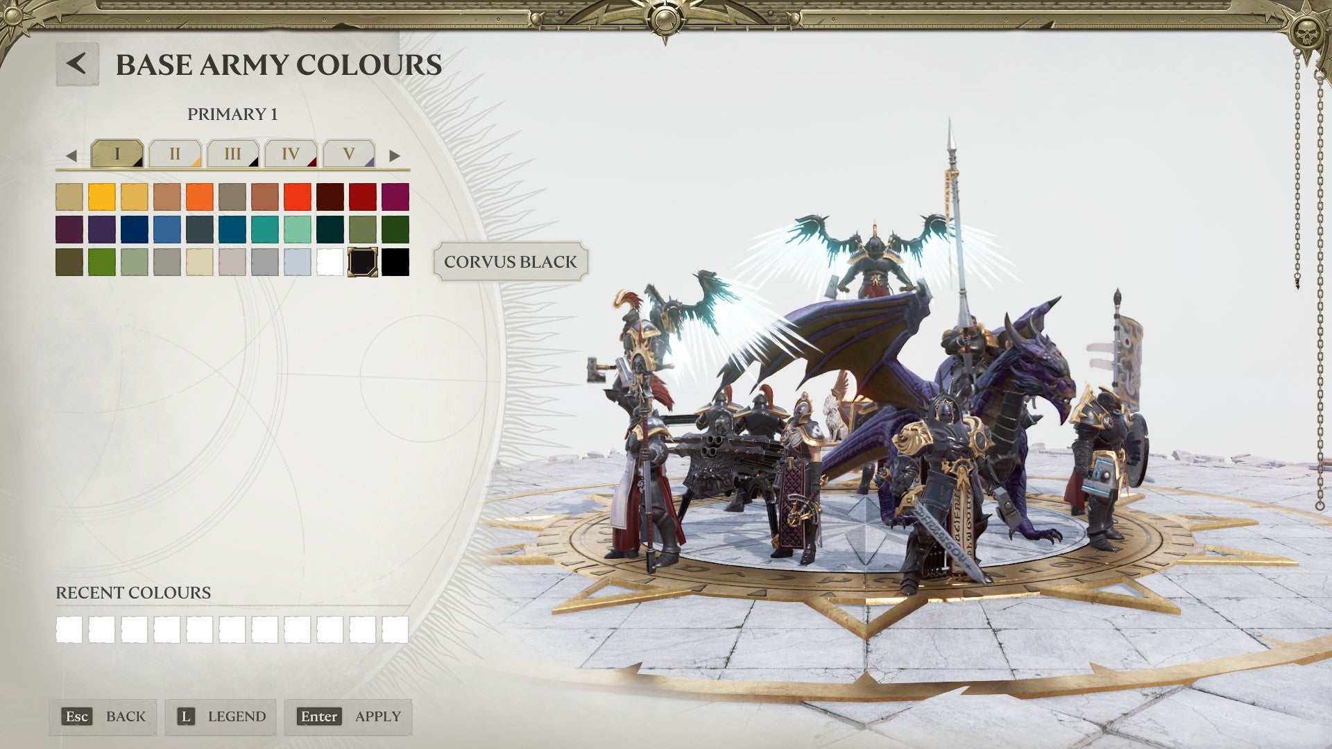A Realms of Ruin screenshot showing the customisation screen. We see a group of Warhammer miniatures on one side of the screen, with a palette of paints on the the other side. We&rsquo;ll be some time.