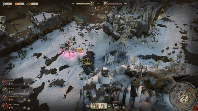 2 A Realms of Ruin screenshot showing a Kruleboyz hero rushing to reinforce his troops. We see a dark but snowy battlefield from a zoomed out perspective, and a handful of units battling below.