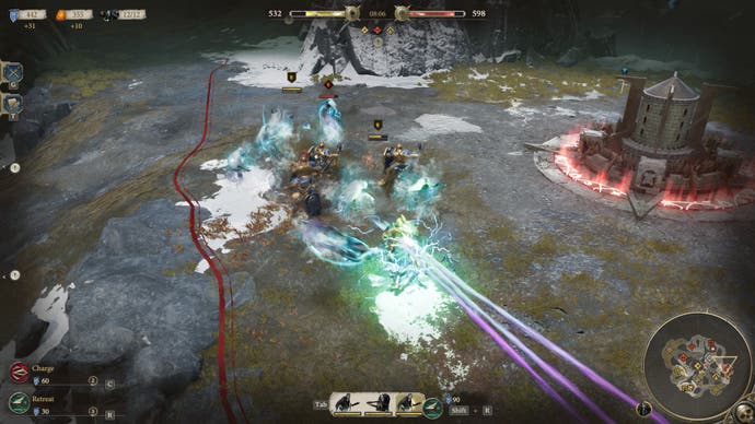 A Realms of Ruin screenshot showing Stormcast Eternals battling the forces of Death. Classic heavily armoured humans fight off a surrounding cluster of ghostly enemies.