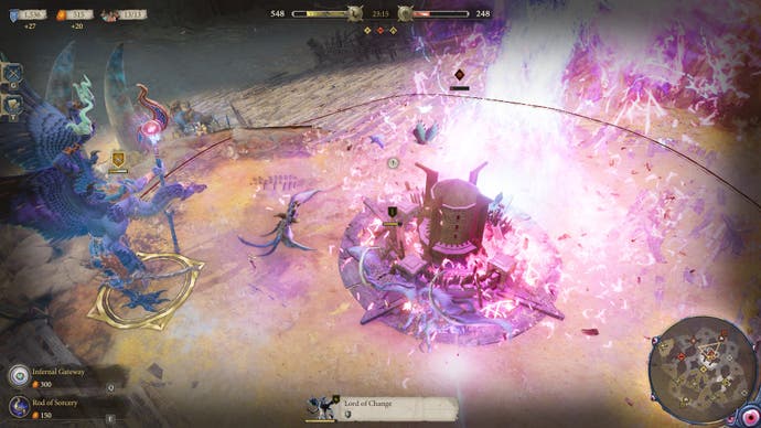 A Realms of Ruin screenshot showing a Greater Daemon of Tzeentch unleashing its power. The big blue creature is on the left of the screen and the purpley beam of light it's calling down from somewhere is demolishing a structure nearby.