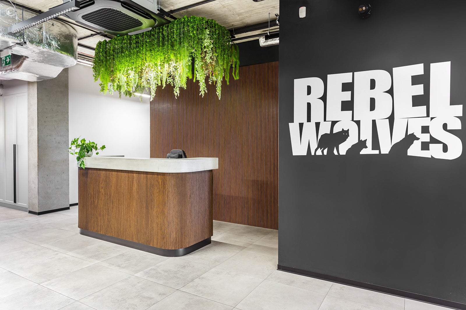 A reception area in a modern office with the words "Rebel Wolves" emblazoned on one of the walls.